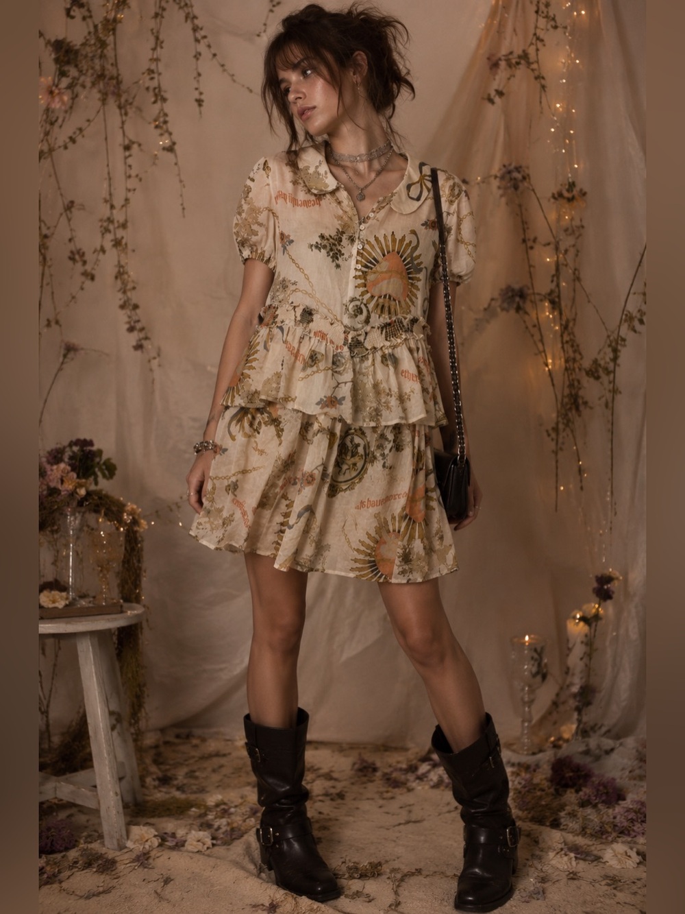 Kimchi Blue Maria Cream Sheer Collared Ruffle Mini Dress Medium